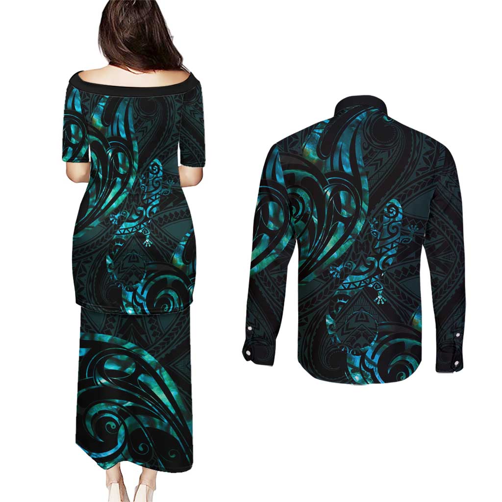 New Zealand Skink Couples Matching Puletasi and Long Sleeve Button Shirt Aotearoa Maori Mix Paua Shell LT14 - Polynesian Pride