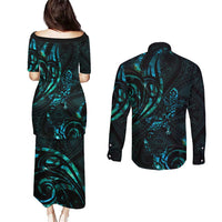 New Zealand Skink Couples Matching Puletasi and Long Sleeve Button Shirt Aotearoa Maori Mix Paua Shell LT14 - Polynesian Pride