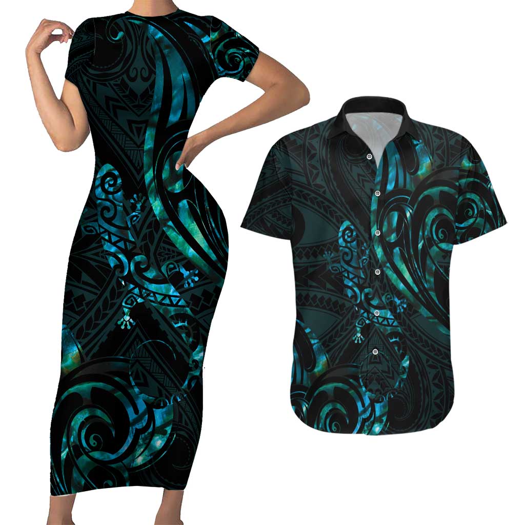 New Zealand Skink Couples Matching Short Sleeve Bodycon Dress and Hawaiian Shirt Aotearoa Maori Mix Paua Shell LT14 Blue - Polynesian Pride