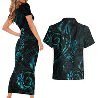 New Zealand Skink Couples Matching Short Sleeve Bodycon Dress and Hawaiian Shirt Aotearoa Maori Mix Paua Shell LT14 - Polynesian Pride