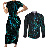 New Zealand Skink Couples Matching Short Sleeve Bodycon Dress and Long Sleeve Button Shirt Aotearoa Maori Mix Paua Shell LT14 Blue - Polynesian Pride