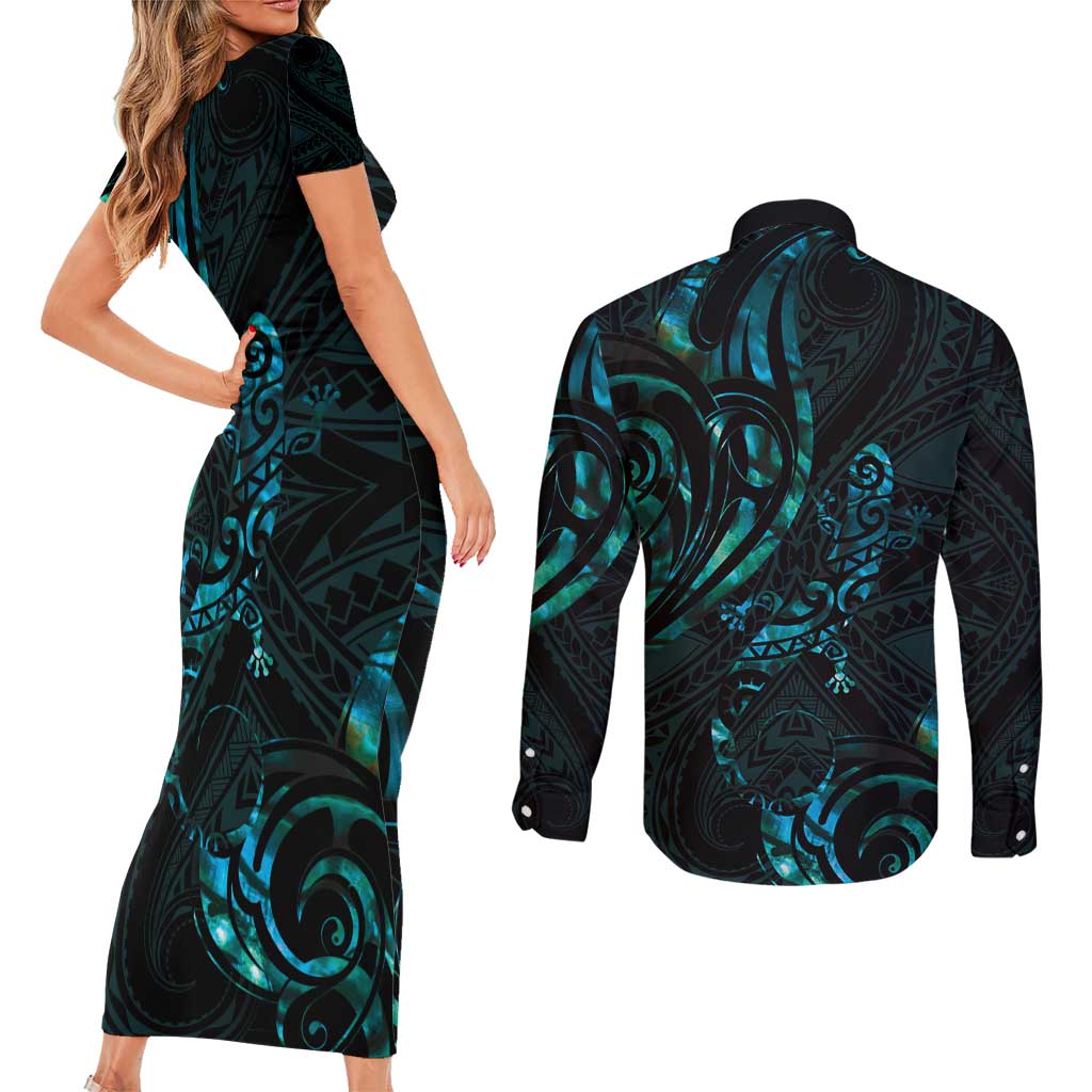 New Zealand Skink Couples Matching Short Sleeve Bodycon Dress and Long Sleeve Button Shirt Aotearoa Maori Mix Paua Shell LT14 - Polynesian Pride