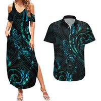 New Zealand Skink Couples Matching Summer Maxi Dress and Hawaiian Shirt Aotearoa Maori Mix Paua Shell LT14 Blue - Polynesian Pride