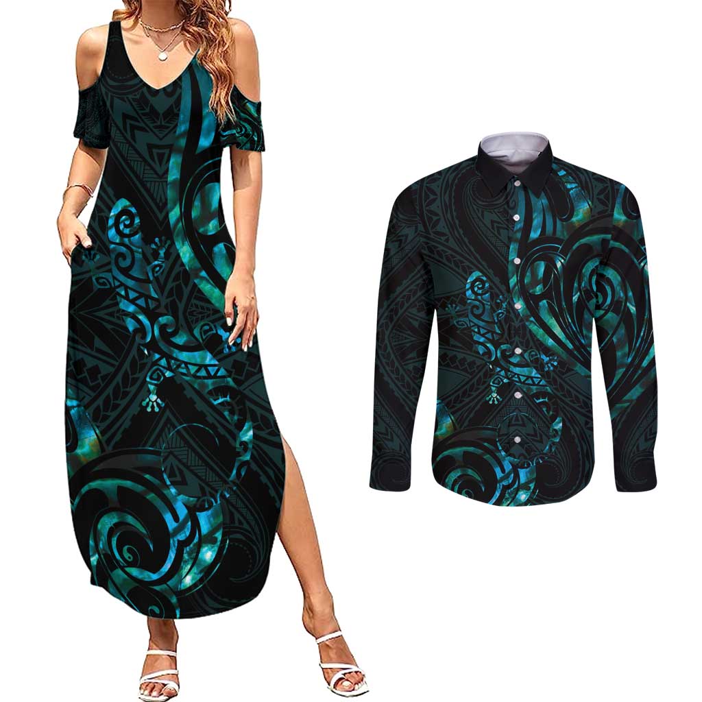 New Zealand Skink Couples Matching Summer Maxi Dress and Long Sleeve Button Shirt Aotearoa Maori Mix Paua Shell LT14 Blue - Polynesian Pride