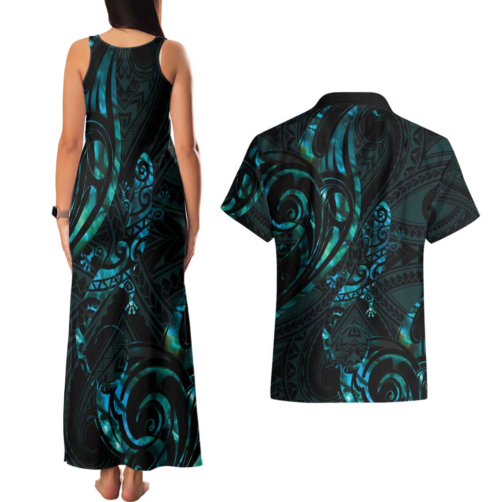 New Zealand Skink Couples Matching Tank Maxi Dress and Hawaiian Shirt Aotearoa Maori Mix Paua Shell LT14 - Polynesian Pride