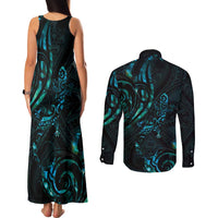 New Zealand Skink Couples Matching Tank Maxi Dress and Long Sleeve Button Shirt Aotearoa Maori Mix Paua Shell LT14 - Polynesian Pride