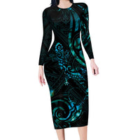 New Zealand Skink Family Matching Long Sleeve Bodycon Dress and Hawaiian Shirt - Aotearoa Maori Mix Paua Shell LT14 Mom's Dress Blue - Polynesian Pride