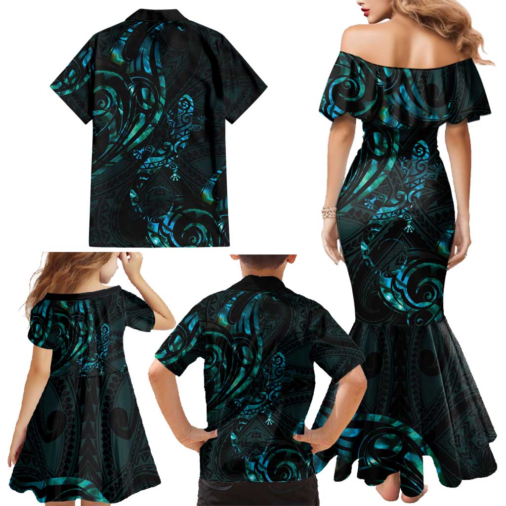 New Zealand Skink Family Matching Mermaid Dress and Hawaiian Shirt Aotearoa Maori Mix Paua Shell LT14 - Polynesian Pride