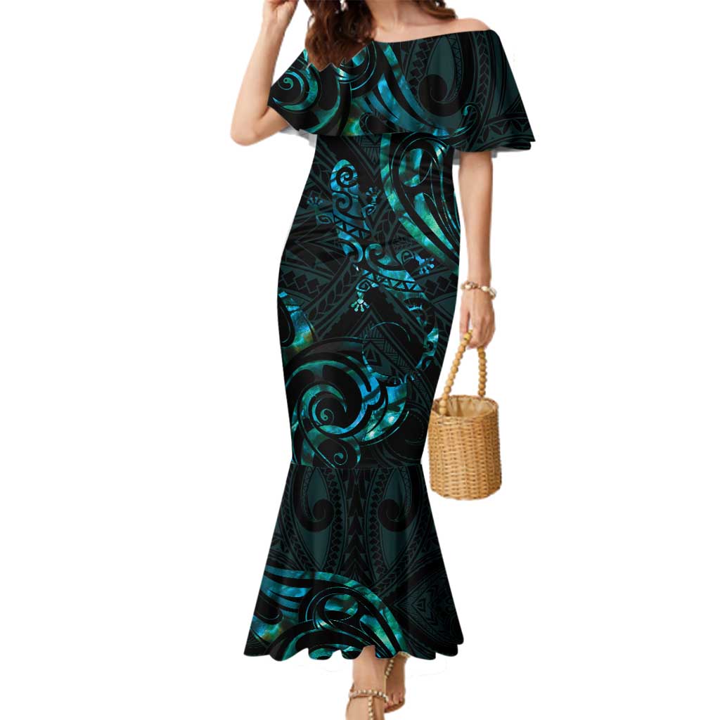 New Zealand Skink Family Matching Mermaid Dress and Hawaiian Shirt Aotearoa Maori Mix Paua Shell LT14 Mom's Dress Blue - Polynesian Pride