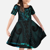 New Zealand Skink Family Matching Off Shoulder Maxi Dress and Hawaiian Shirt Aotearoa Maori Mix Paua Shell LT14 Daughter's Dress Blue - Polynesian Pride