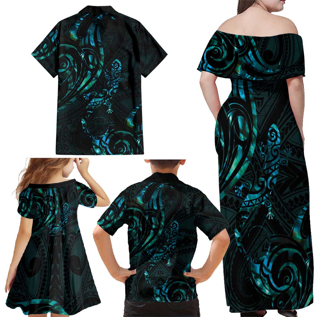 New Zealand Skink Family Matching Off Shoulder Maxi Dress and Hawaiian Shirt Aotearoa Maori Mix Paua Shell LT14 - Polynesian Pride