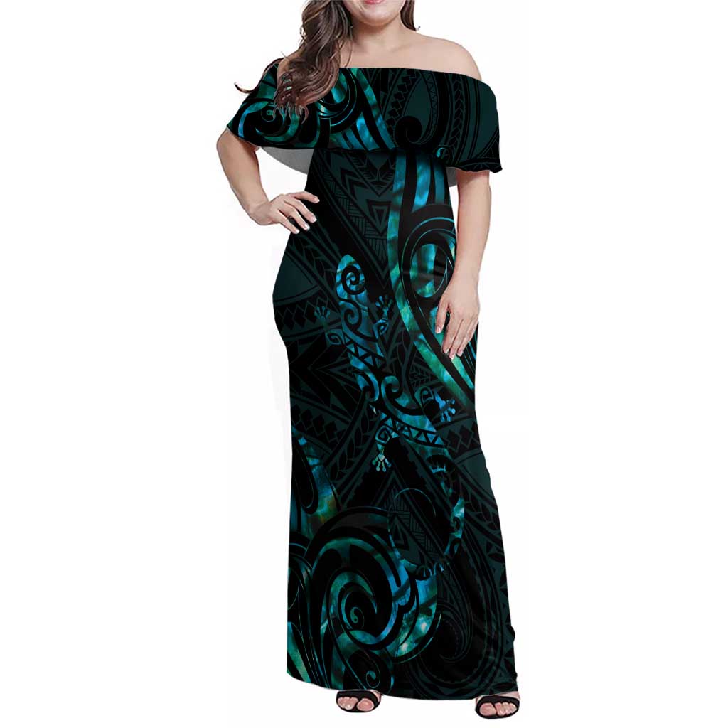 New Zealand Skink Family Matching Off Shoulder Maxi Dress and Hawaiian Shirt Aotearoa Maori Mix Paua Shell LT14 Mom's Dress Blue - Polynesian Pride