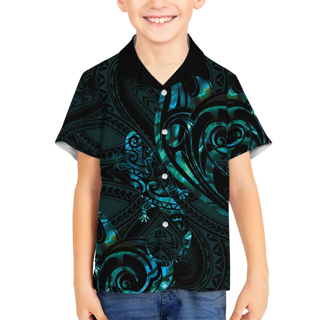 New Zealand Skink Family Matching Off Shoulder Maxi Dress and Hawaiian Shirt Aotearoa Maori Mix Paua Shell LT14 Son's Shirt Blue - Polynesian Pride