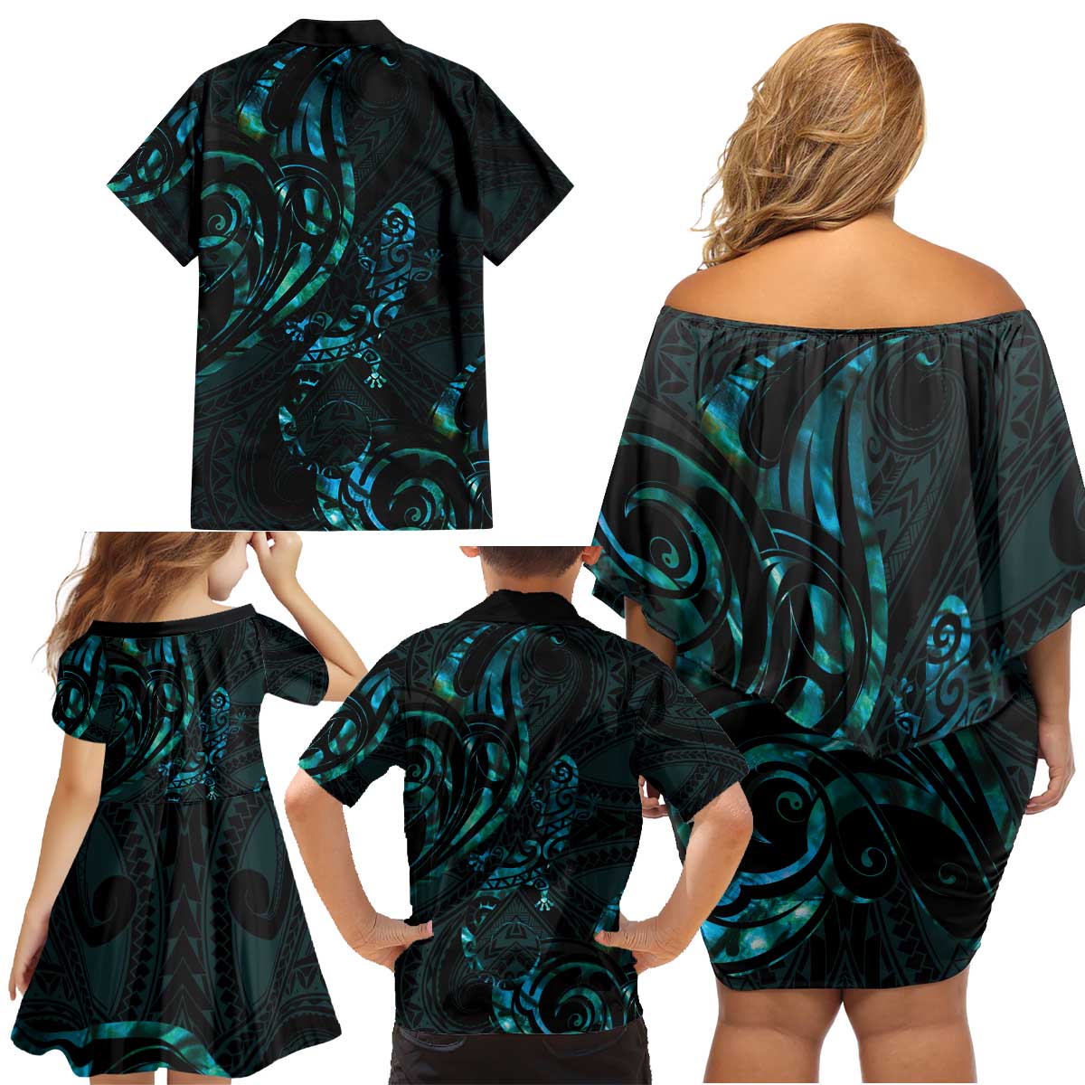 New Zealand Skink Family Matching Off Shoulder Short Dress and Hawaiian Shirt Aotearoa Maori Mix Paua Shell LT14 - Polynesian Pride