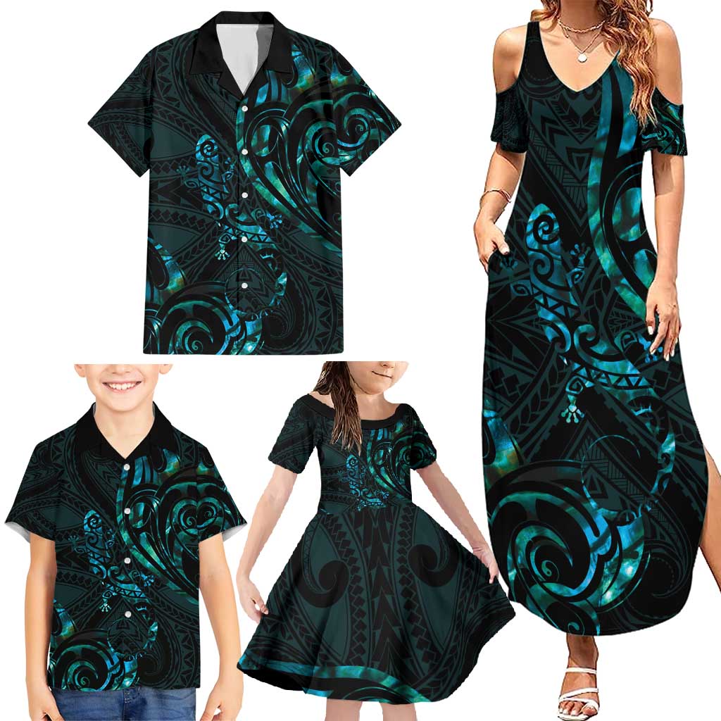 New Zealand Skink Family Matching Summer Maxi Dress and Hawaiian Shirt Aotearoa Maori Mix Paua Shell LT14 - Polynesian Pride
