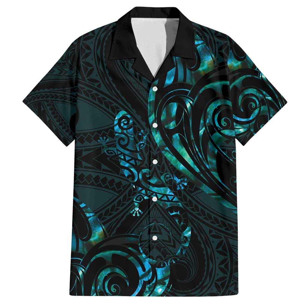 New Zealand Skink Family Matching Summer Maxi Dress and Hawaiian Shirt Aotearoa Maori Mix Paua Shell LT14 Dad's Shirt - Short Sleeve Blue - Polynesian Pride