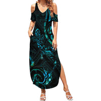 New Zealand Skink Family Matching Summer Maxi Dress and Hawaiian Shirt Aotearoa Maori Mix Paua Shell LT14 Mom's Dress Blue - Polynesian Pride