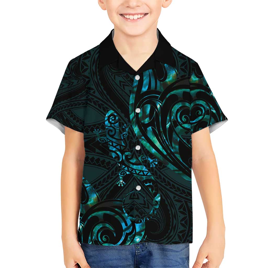 New Zealand Skink Kid Hawaiian Shirt Aotearoa Maori Mix Paua Shell LT14 Kid Blue - Polynesian Pride