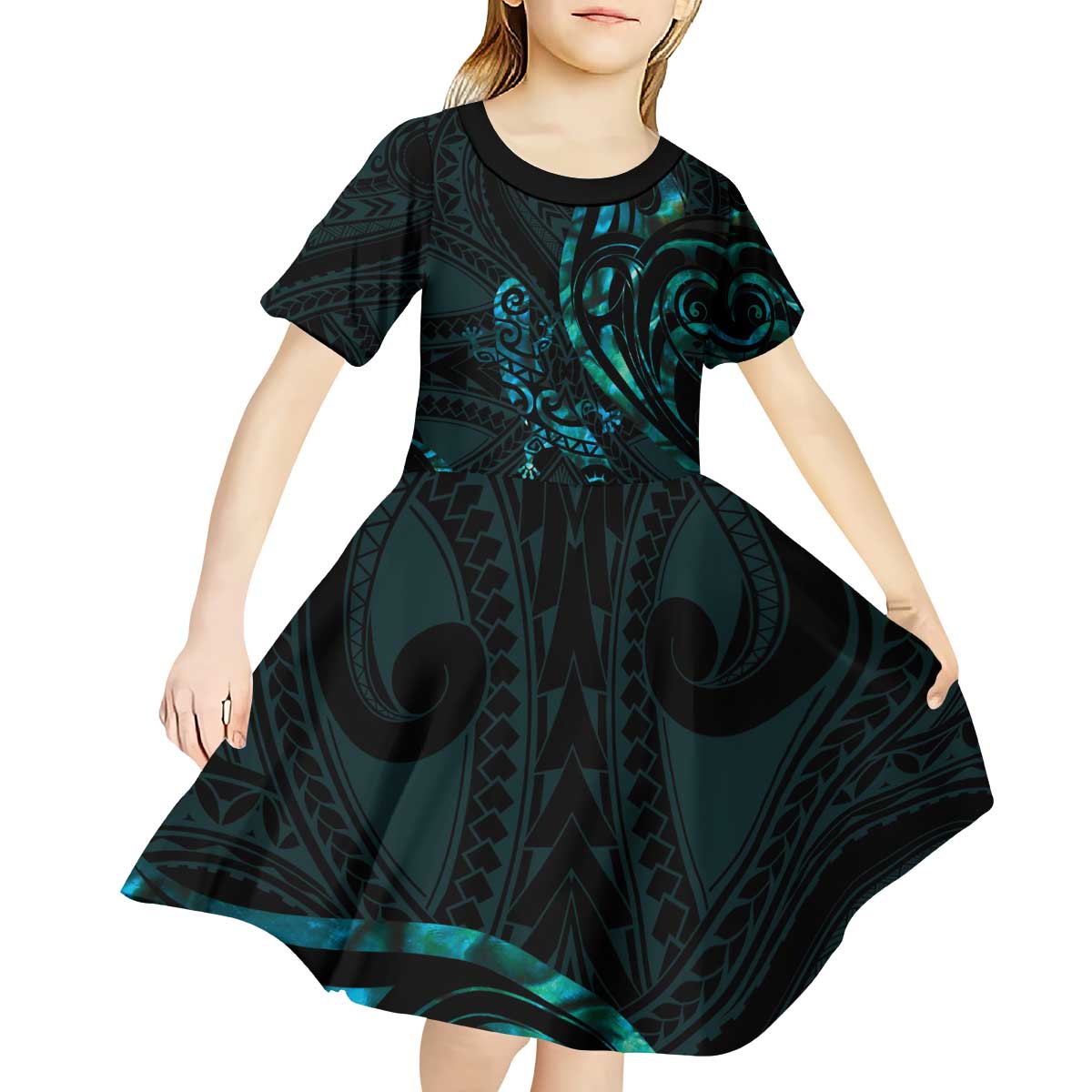 New Zealand Skink Kid Short Sleeve Dress Aotearoa Maori Mix Paua Shell LT14 - Polynesian Pride