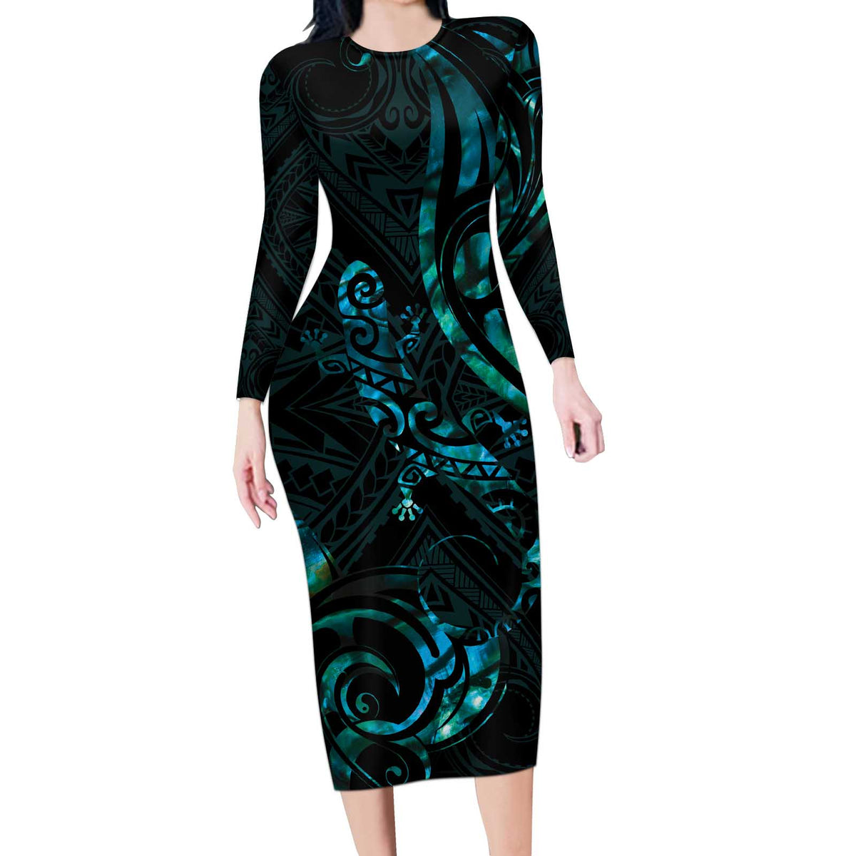 New Zealand Skink Long Sleeve Bodycon Dress Aotearoa Maori Mix Paua Shell LT14 Long Dress Blue - Polynesian Pride