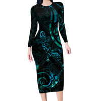 New Zealand Skink Long Sleeve Bodycon Dress Aotearoa Maori Mix Paua Shell LT14 Long Dress Blue - Polynesian Pride