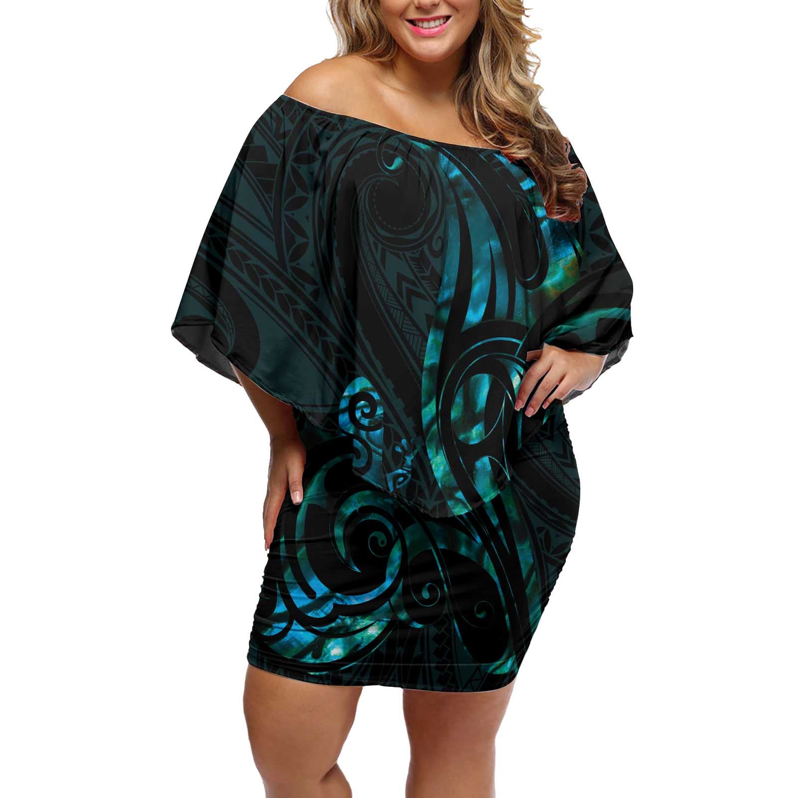 New Zealand Skink Off Shoulder Short Dress Aotearoa Maori Mix Paua Shell LT14 Women Blue - Polynesian Pride