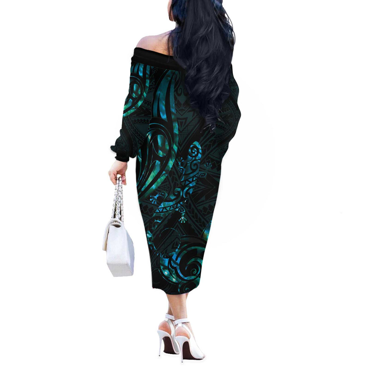 New Zealand Skink Off The Shoulder Long Sleeve Dress Aotearoa Maori Mix Paua Shell LT14 - Polynesian Pride