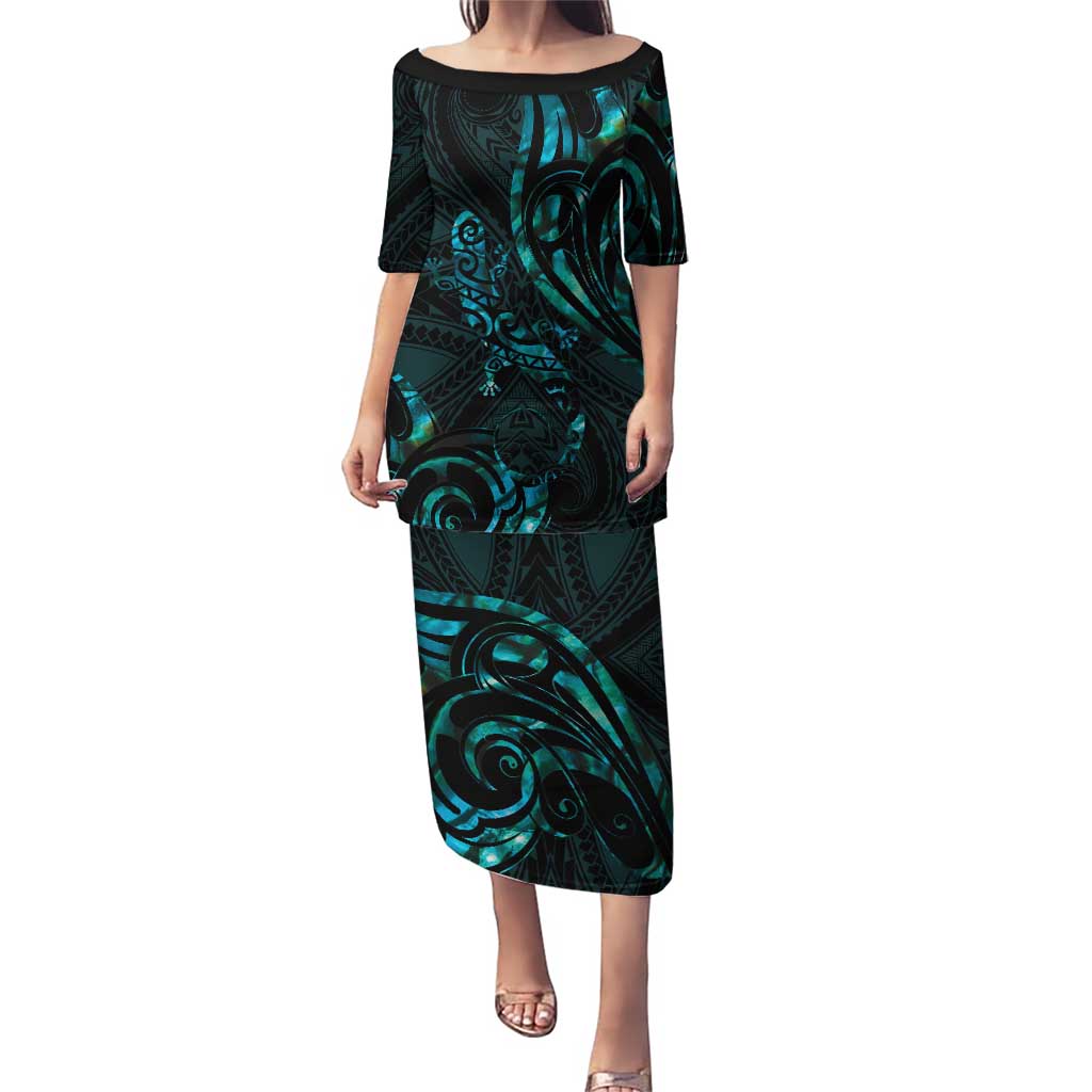 New Zealand Skink Puletasi Aotearoa Maori Mix Paua Shell LT14 Long Dress Blue - Polynesian Pride