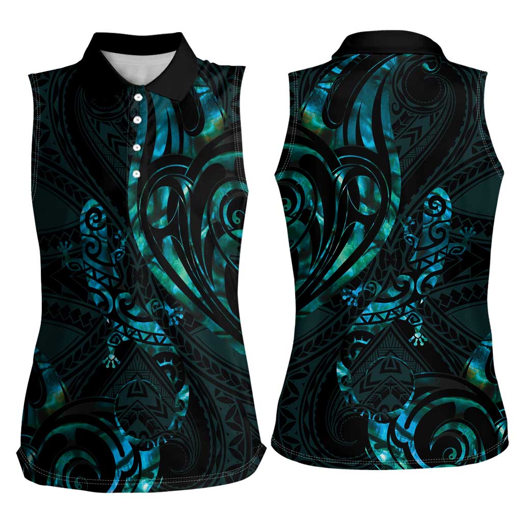 New Zealand Skink Women Sleeveless Polo Shirt Aotearoa Maori Mix Paua Shell LT14 - Polynesian Pride