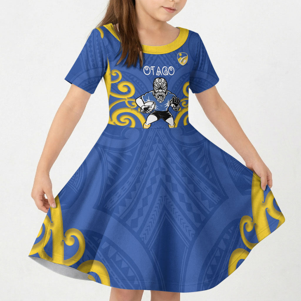 Otago Custom Rugby New Zealand Kid Short Sleeve Dress Aotearoa Maori Pukana Tiki Mascot