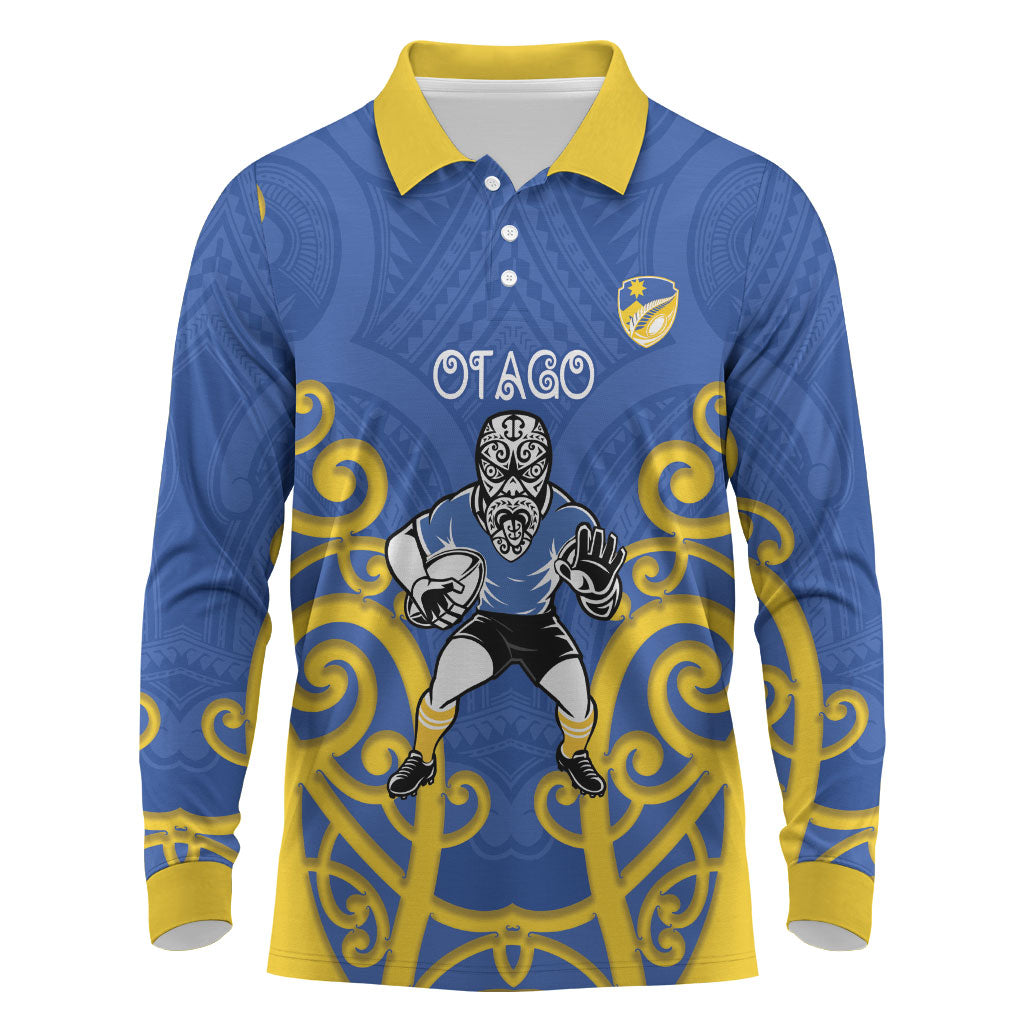 Otago Custom Rugby New Zealand Long Sleeve Polo Shirt Aotearoa Maori Pukana Tiki Mascot