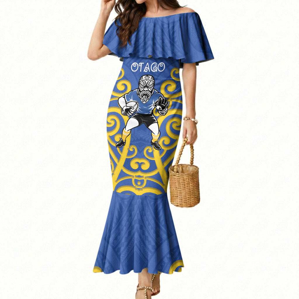 Otago Custom Rugby New Zealand Mermaid Dress Aotearoa Maori Pukana Tiki Mascot