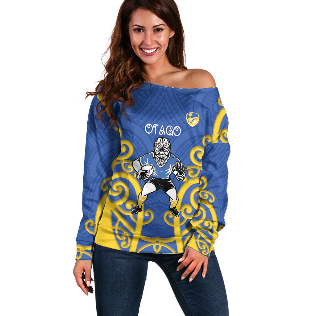 Otago Custom Rugby New Zealand Off Shoulder Sweater Aotearoa Maori Pukana Tiki Mascot