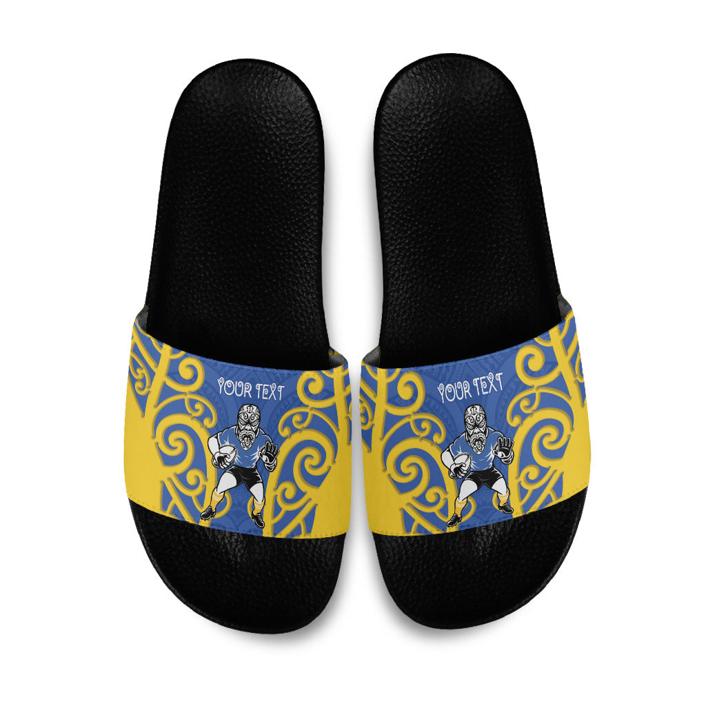Otago Custom Rugby New Zealand Slide Sandals Aotearoa Maori Pukana Tiki Mascot LT14 Blue - Polynesian Pride