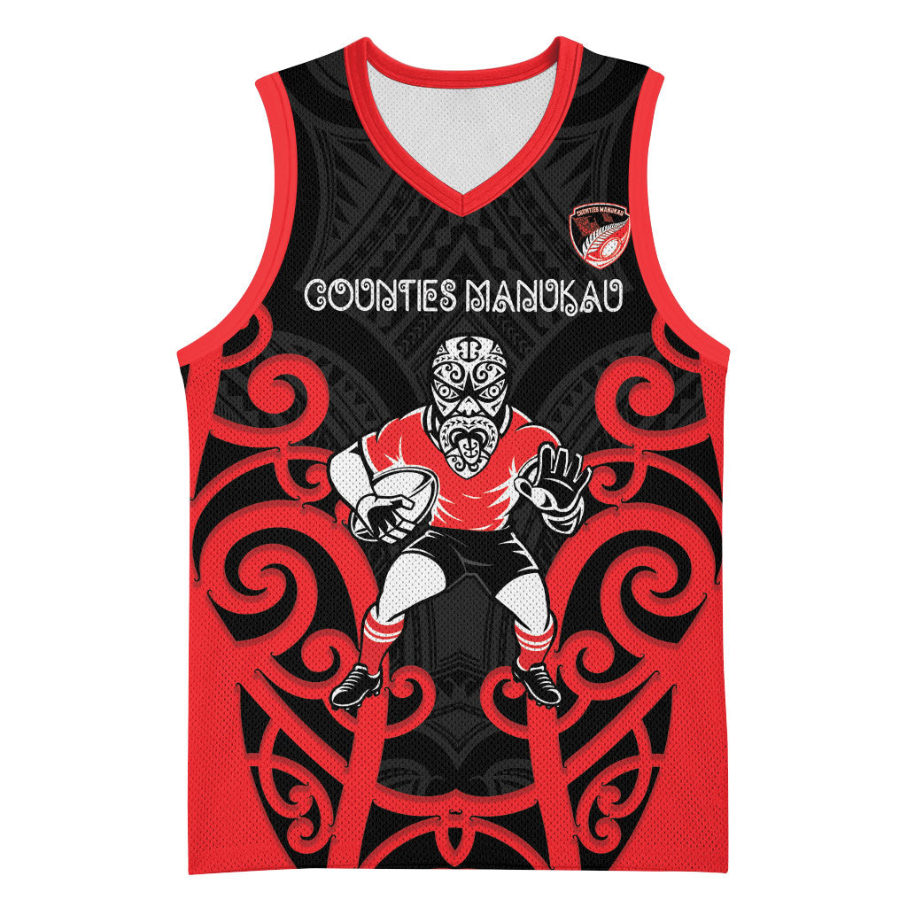 Counties Manukau Custom Rugby New Zealand Basketball Jersey Aotearoa Maori Pukana Tiki Mascot LT14 Unisex Red - Polynesian Pride
