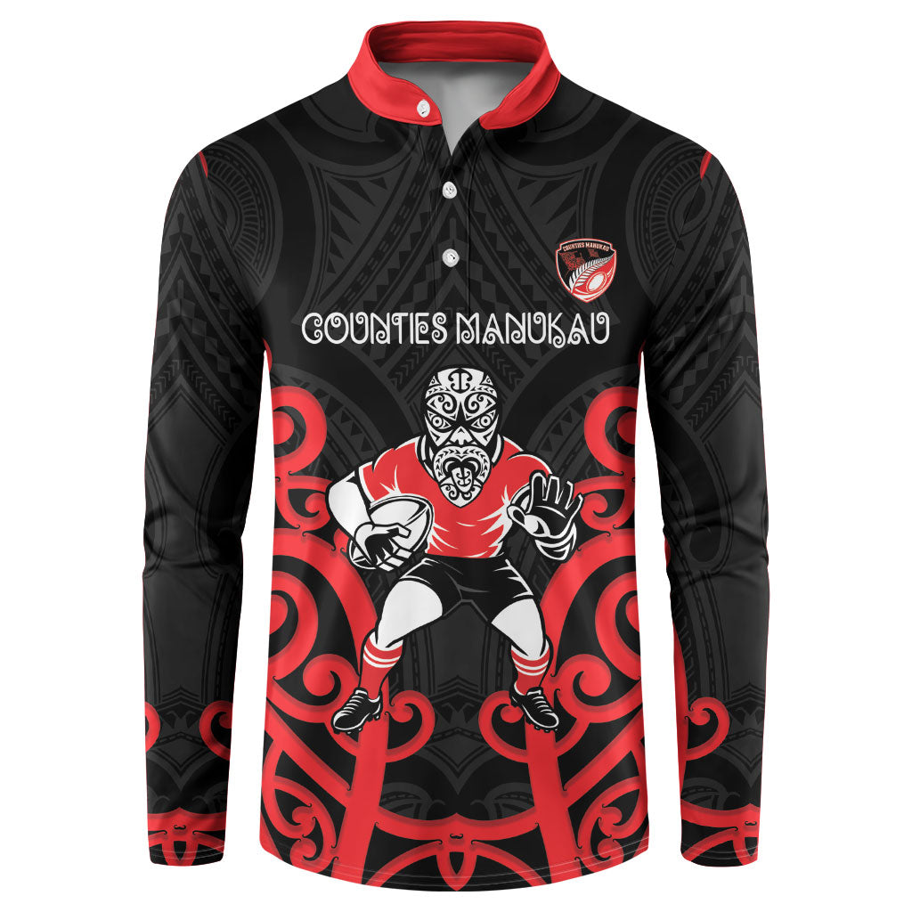 Counties Manukau Custom Rugby New Zealand Button Sweatshirt Aotearoa Maori Pukana Tiki Mascot
