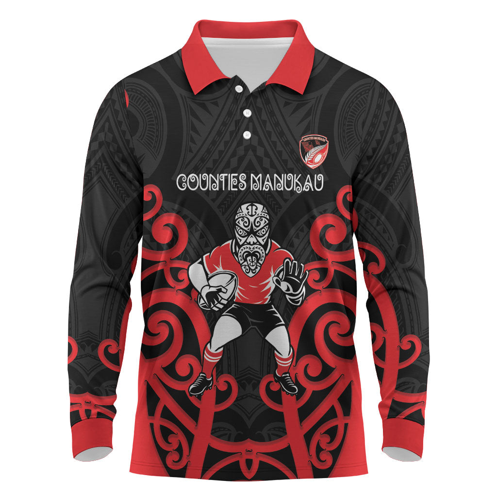 Counties Manukau Custom Rugby New Zealand Long Sleeve Polo Shirt Aotearoa Maori Pukana Tiki Mascot