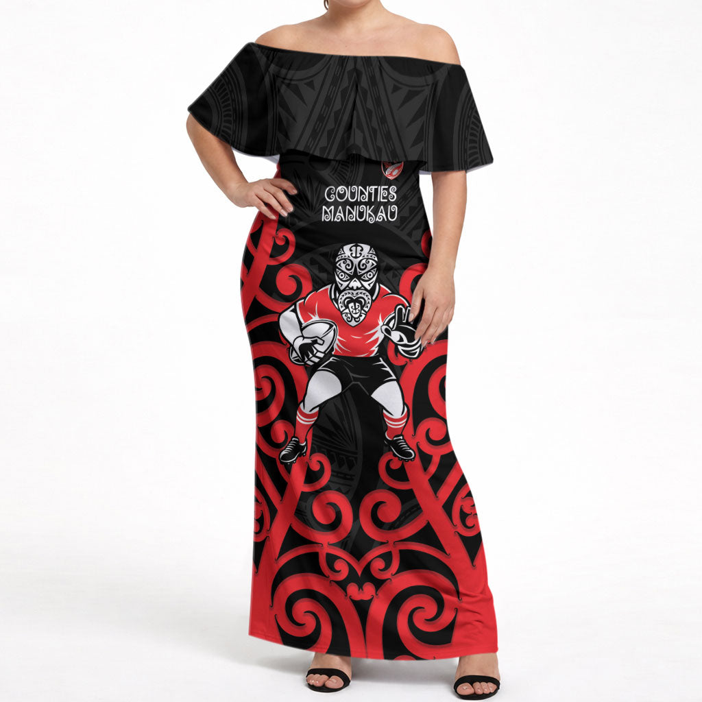 Counties Manukau Custom Rugby New Zealand Off Shoulder Maxi Dress Aotearoa Maori Pukana Tiki Mascot