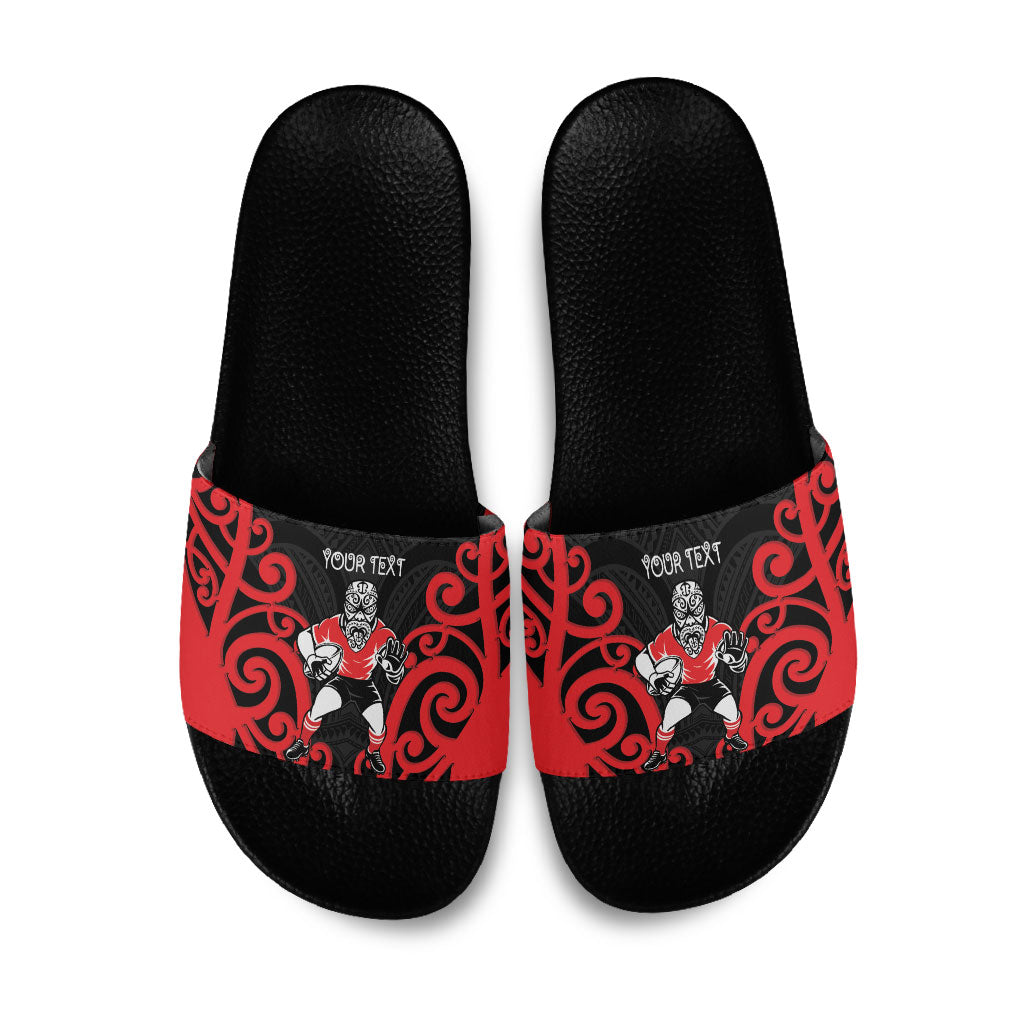 Counties Manukau Custom Rugby New Zealand Slide Sandals Aotearoa Maori Pukana Tiki Mascot LT14 Red - Polynesian Pride