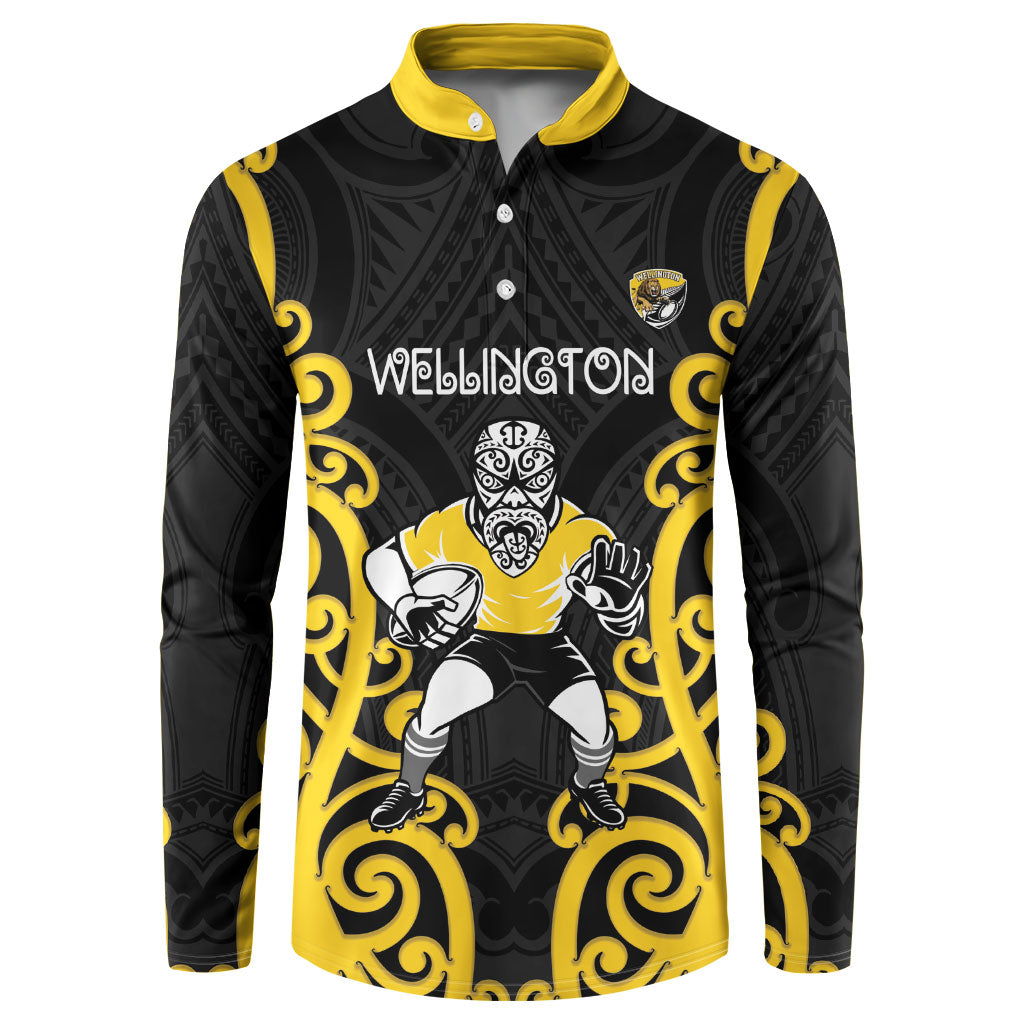 Wellington Custom Rugby New Zealand Button Sweatshirt Aotearoa Maori Pukana Tiki Mascot