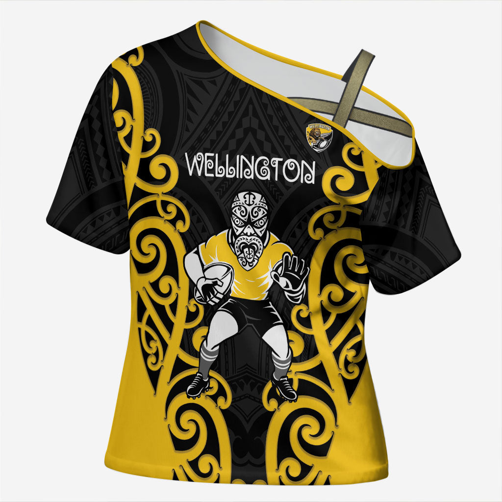 Wellington Custom Rugby New Zealand Cross Shoulder Shirt Aotearoa Maori Pukana Tiki Mascot
