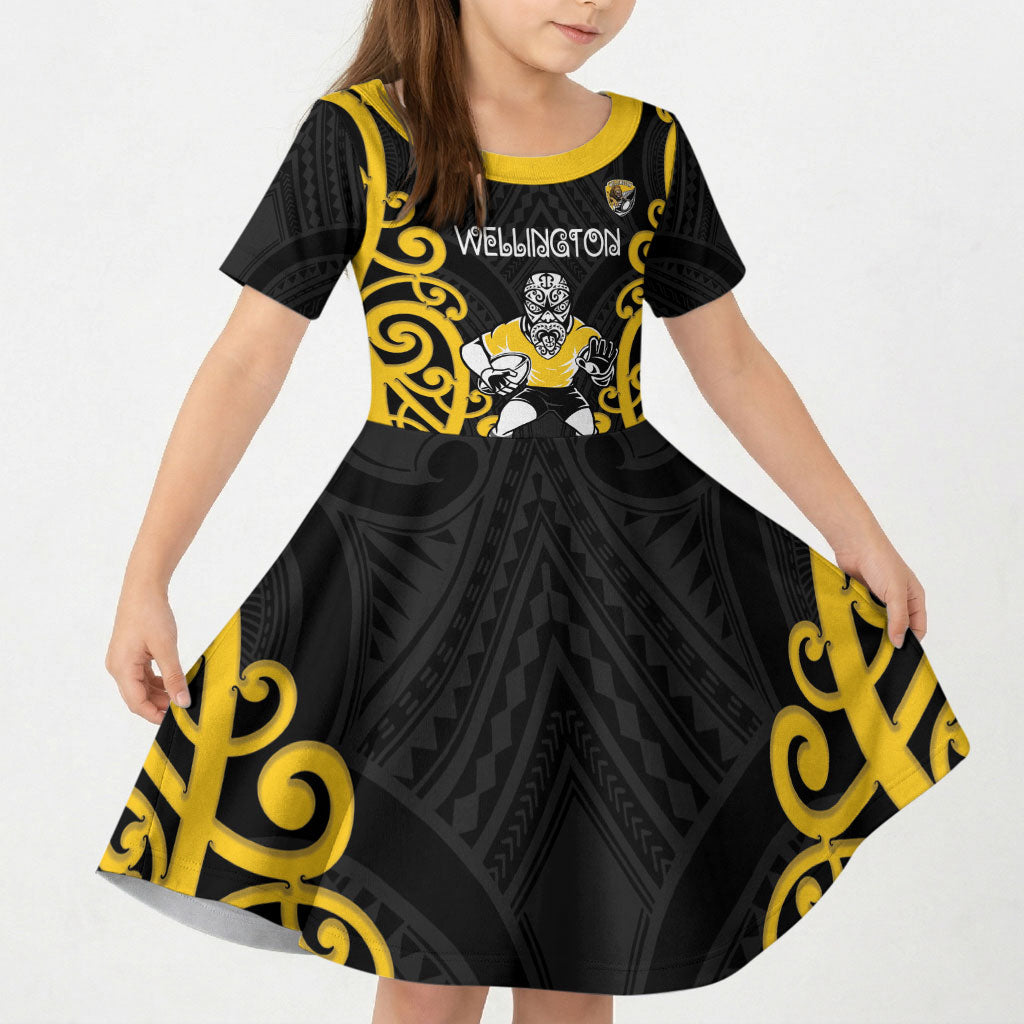 Wellington Custom Rugby New Zealand Kid Short Sleeve Dress Aotearoa Maori Pukana Tiki Mascot