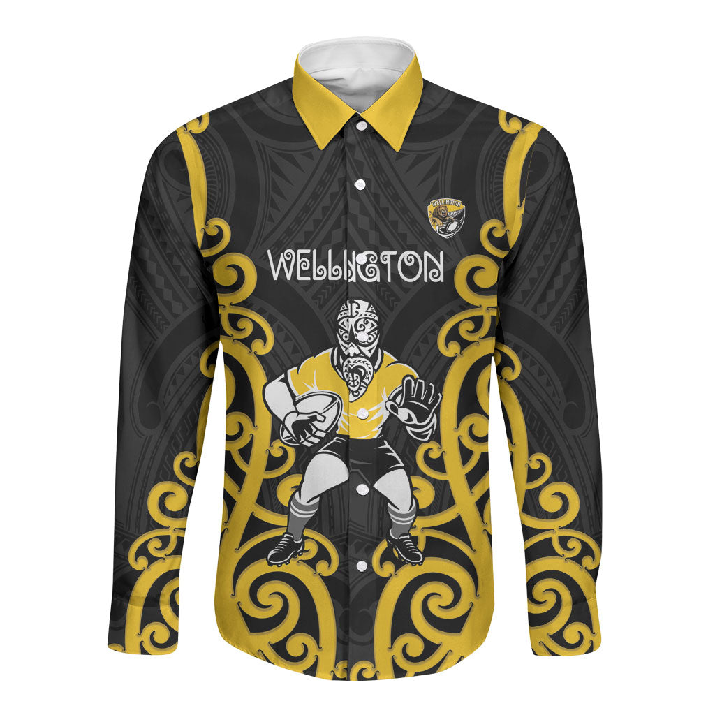 Wellington Custom Rugby New Zealand Long Sleeve Button Shirt Aotearoa Maori Pukana Tiki Mascot LT14 Unisex Yellow - Polynesian Pride