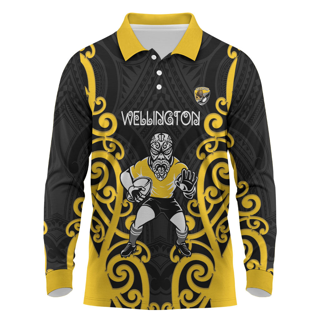 Wellington Custom Rugby New Zealand Long Sleeve Polo Shirt Aotearoa Maori Pukana Tiki Mascot