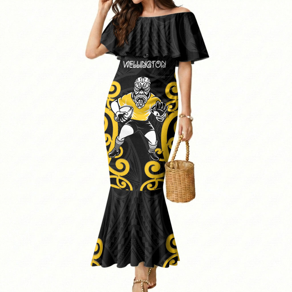 Wellington Custom Rugby New Zealand Mermaid Dress Aotearoa Maori Pukana Tiki Mascot