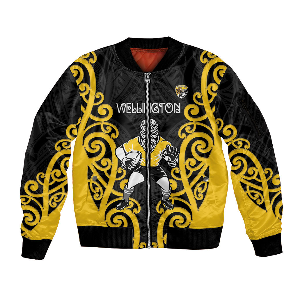 Wellington Custom Rugby New Zealand Sleeve Zip Bomber Jacket Aotearoa Maori Pukana Tiki Mascot