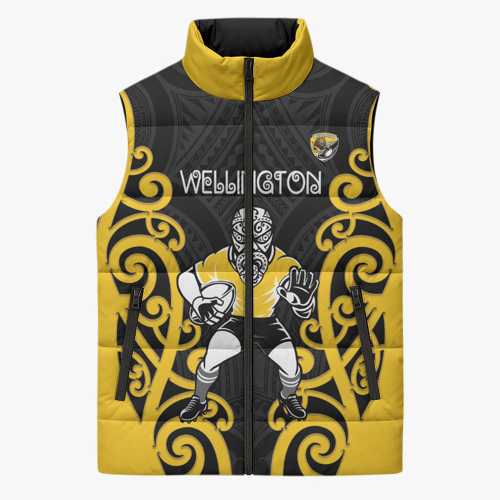 Wellington Custom Rugby New Zealand Sleeveless Puffer Jacket Aotearoa Maori Pukana Tiki Mascot