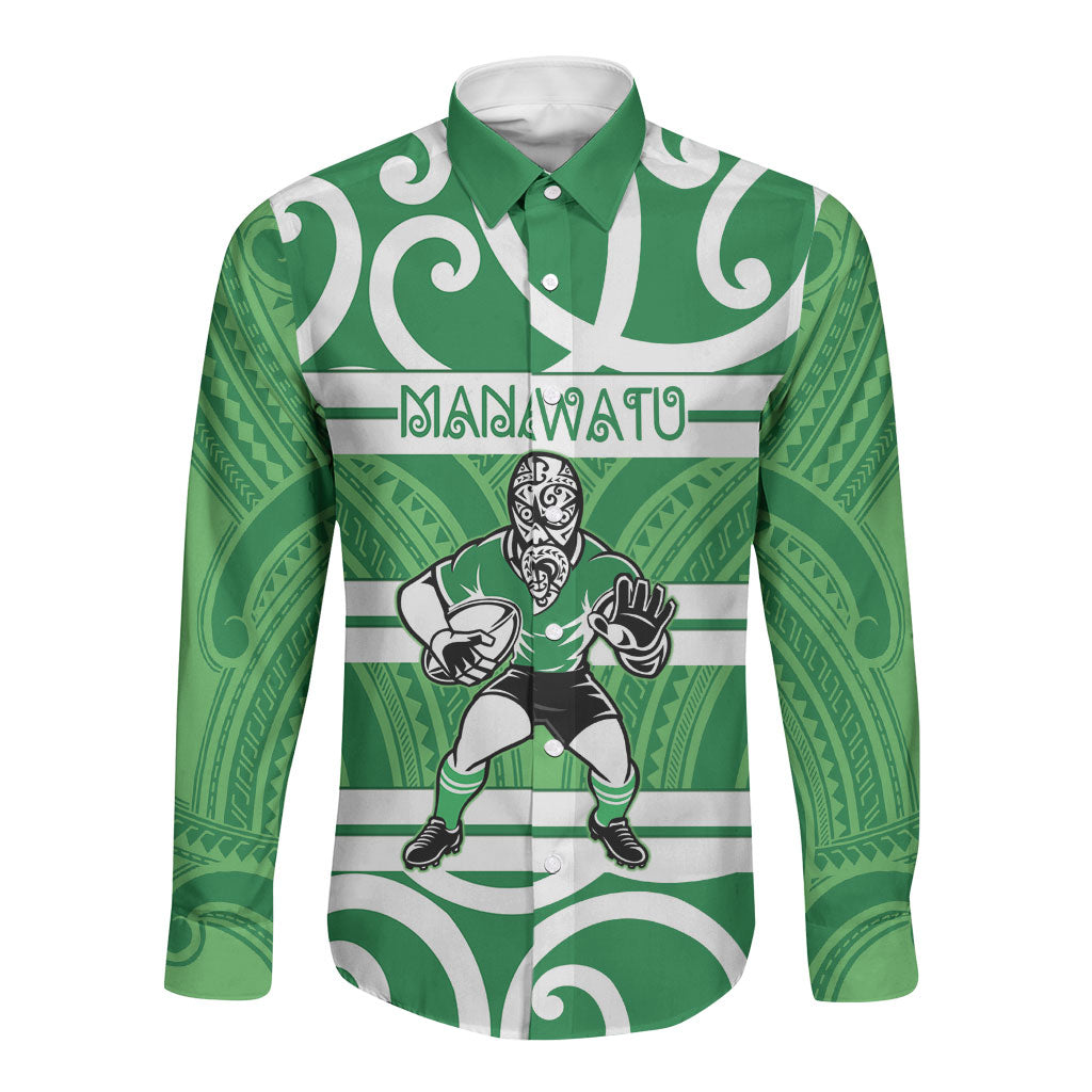 Manawatu Custom Rugby New Zealand Long Sleeve Button Shirt Aotearoa Maori Pukana Tiki Mascot LT14 Unisex Green - Polynesian Pride