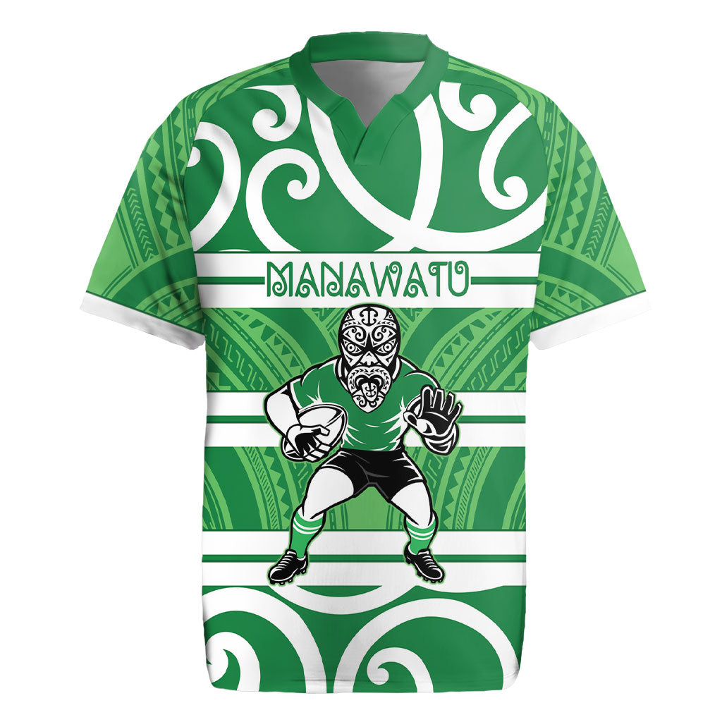 Manawatu Custom Rugby New Zealand Rugby Jersey Aotearoa Maori Pukana Tiki Mascot LT14 Green - Polynesian Pride
