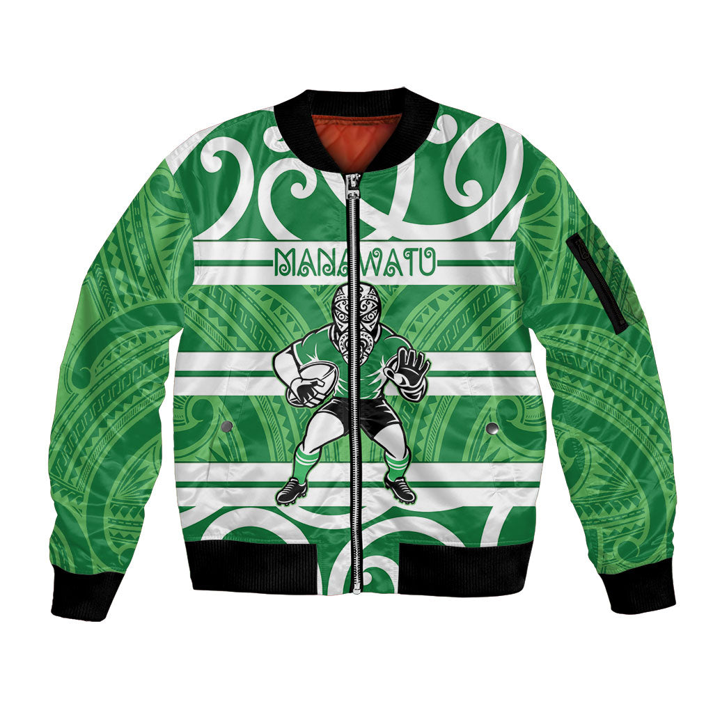Manawatu Custom Rugby New Zealand Sleeve Zip Bomber Jacket Aotearoa Maori Pukana Tiki Mascot